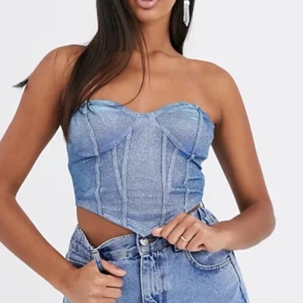 Missguided Blue glimmer Strapless Crop Top